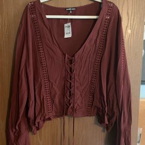 Maroon cropped tie up front Charlotte Russe